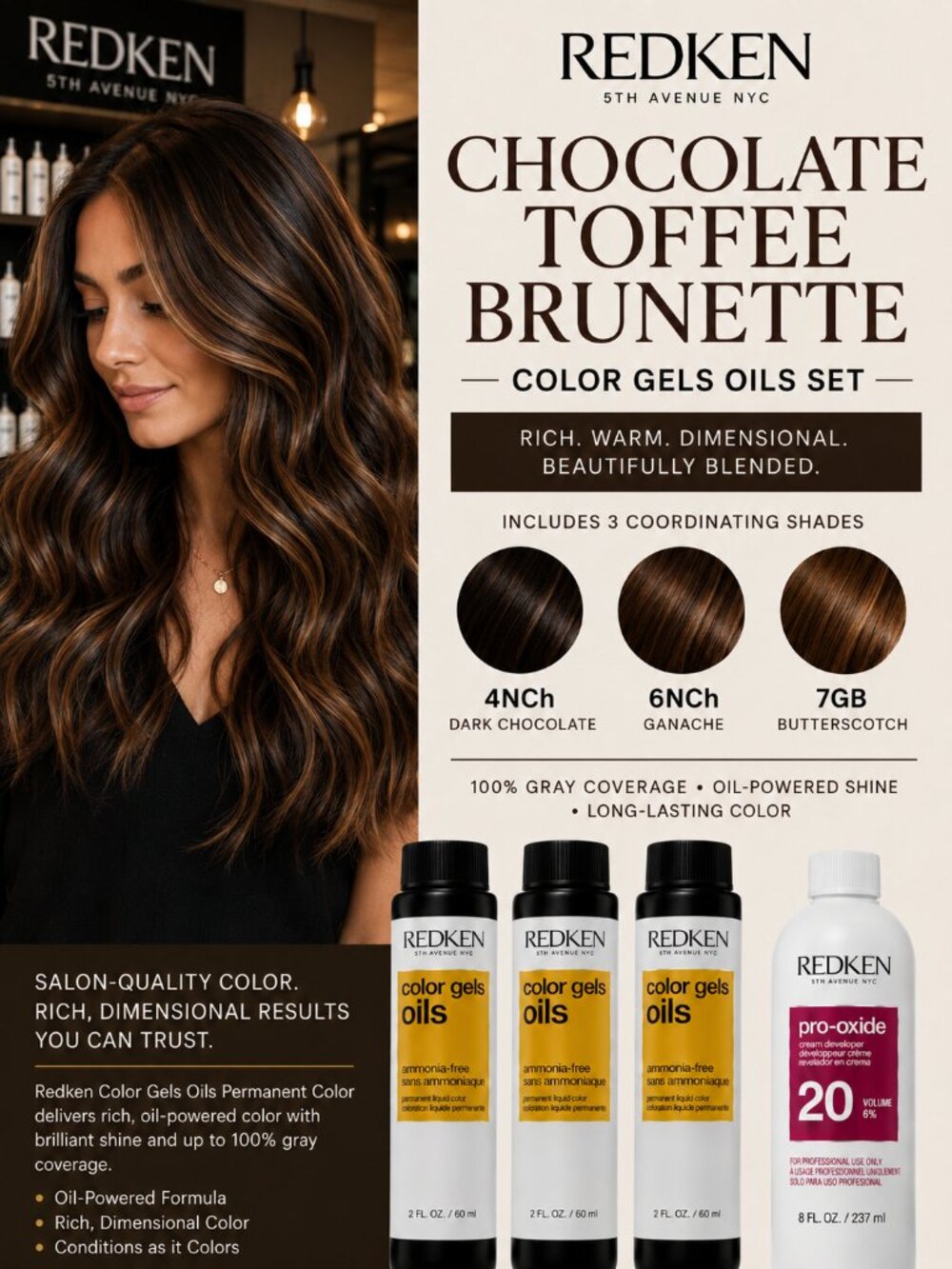 Redken Color Gels Oils Chocolate Toffee Brunette Hair Color Set + 20 Vol Develop